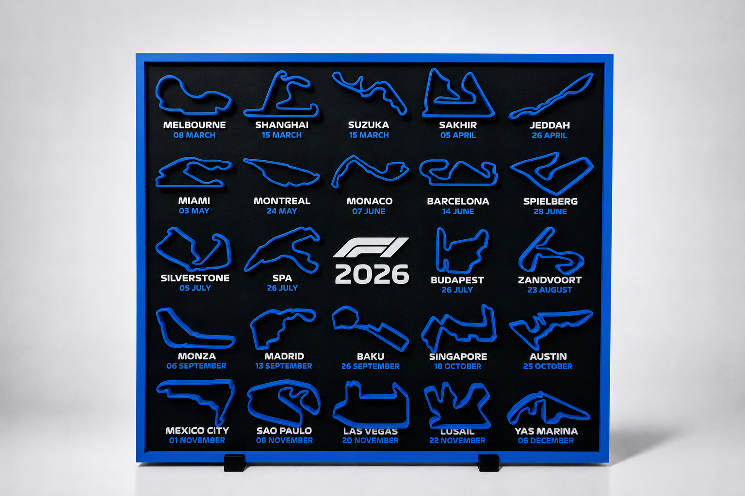 F1 2026 season circuit track wall board with blue track outlines - Solid Prints
