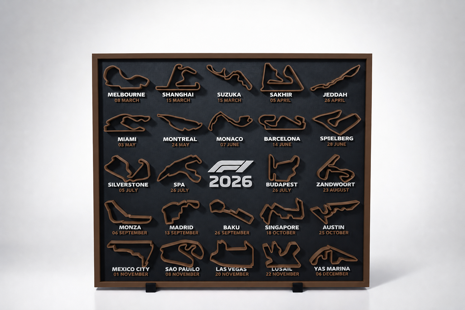 F1 2026 season circuit track wall board with brown track outlines - Solid Prints