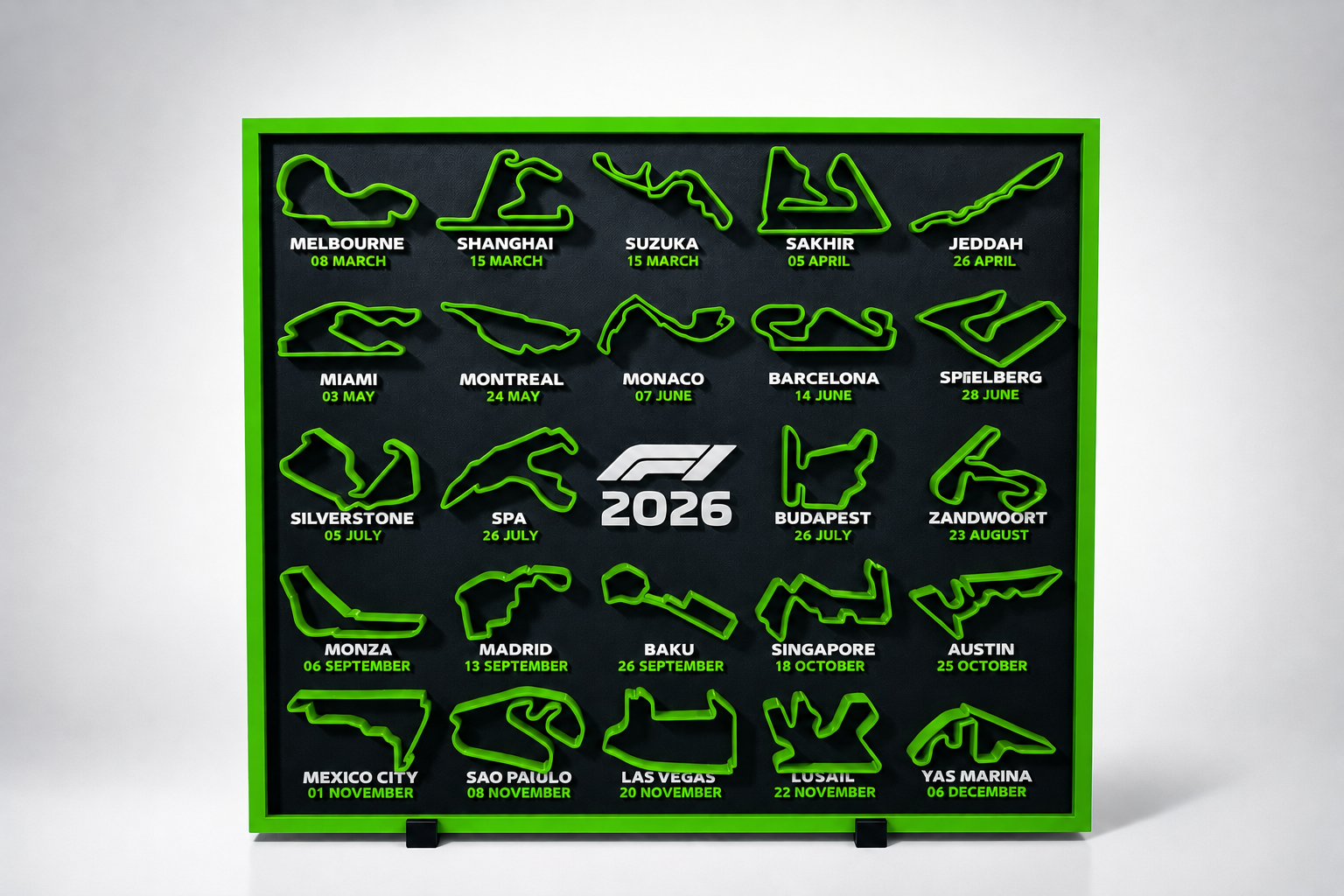 F1 2026 season circuit track wall board with green track outlines - Solid Prints