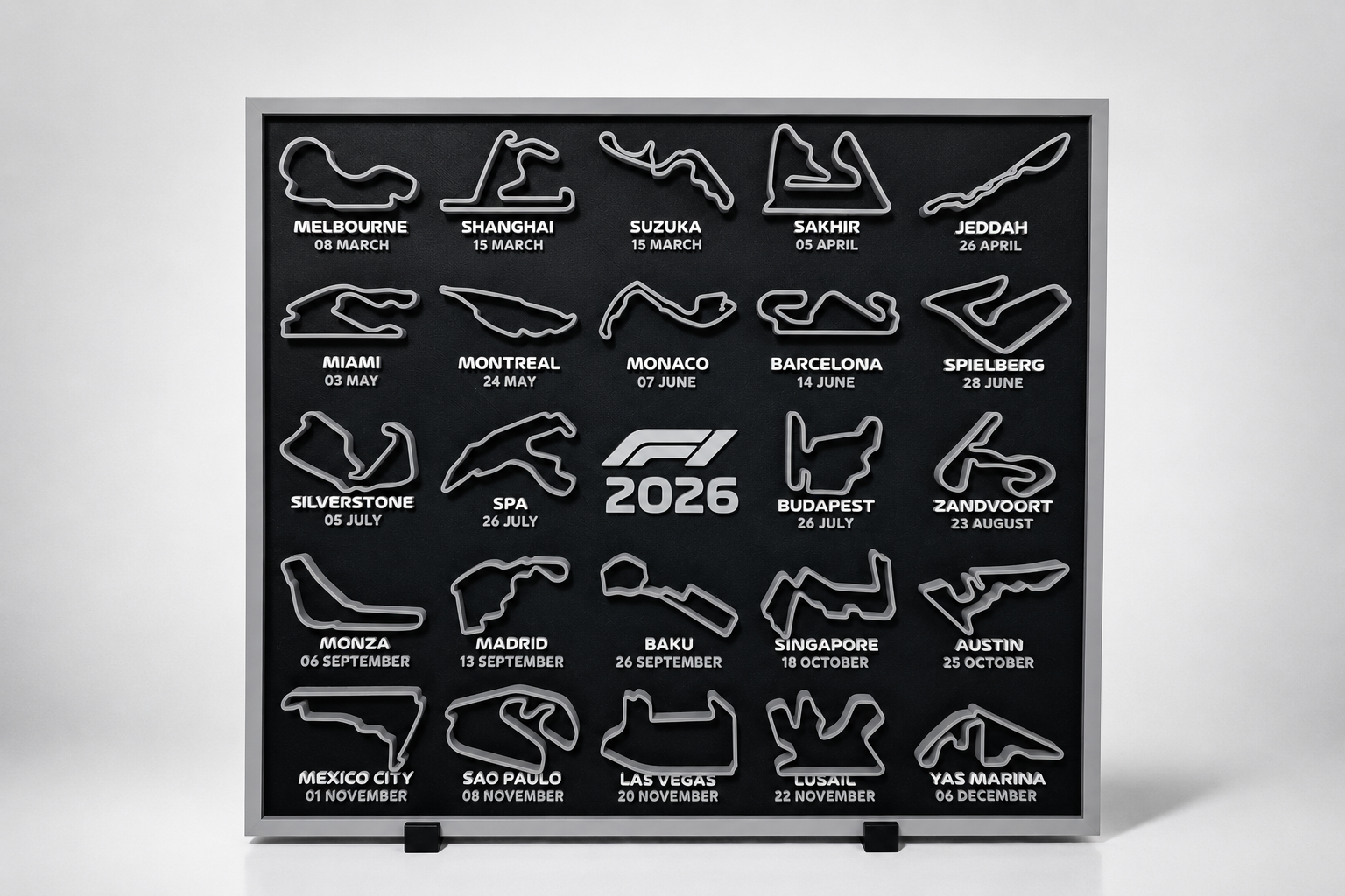 F1 2026 season circuit track wall board with grey track outlines - Solid Prints