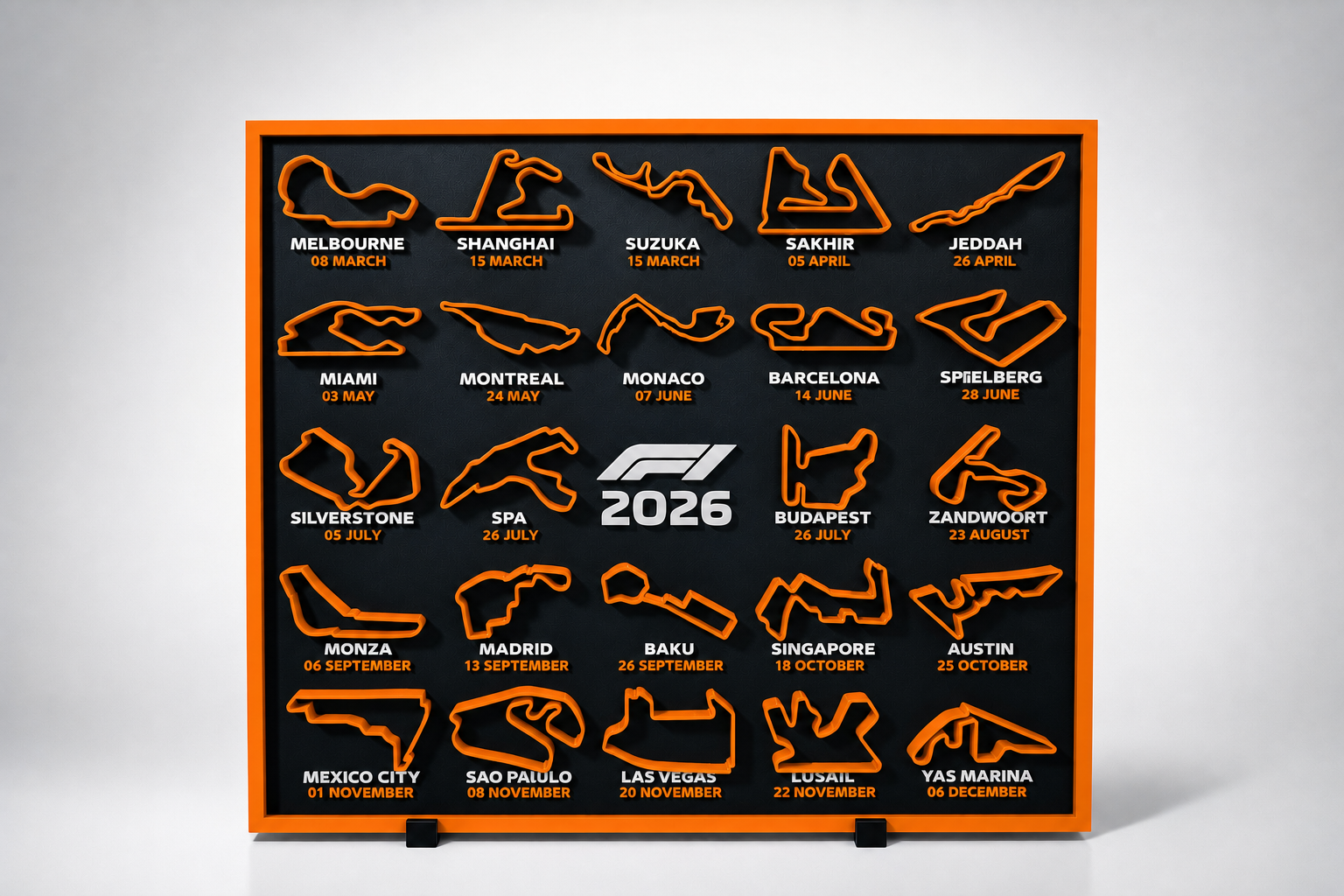 F1 2026 season circuit track wall board with orange track outlines - Solid Prints