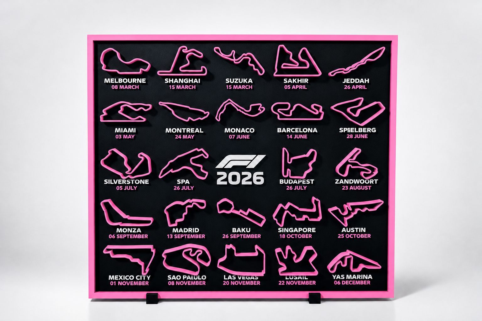 F1 2026 season circuit track wall board with pink track outlines - Solid Prints