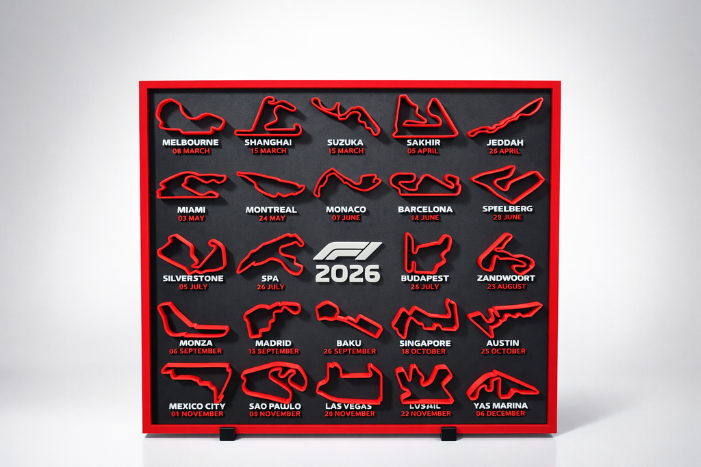 F1 2026 season circuit track wall board with red track outlines - Solid Prints