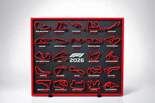 F1 2026 season circuit track wall board with red track outlines - Solid Prints