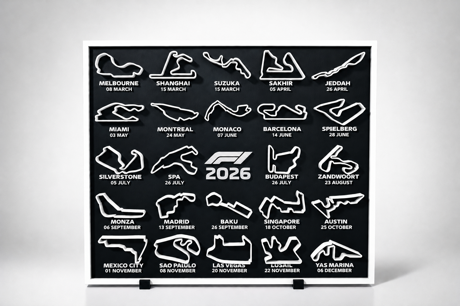 F1 2026 season circuit track wall board with white track outlines - Solid Prints
