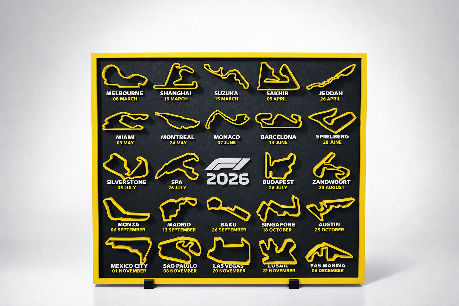 F1 2026 season circuit track wall board with yellow track outlines - Solid Prints