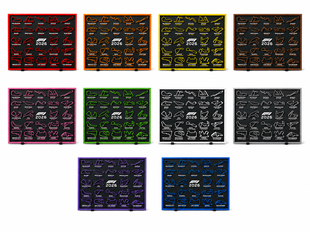 F1 2026 season circuit track wall board shown in all available colours - Solid Prints