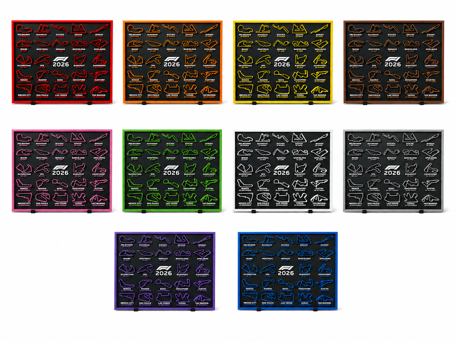 F1 2026 season circuit track wall board shown in all available colours - Solid Prints