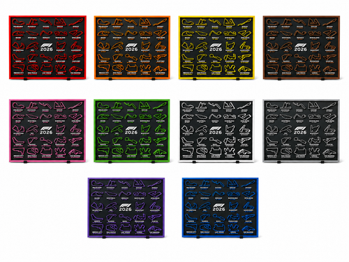 F1 2026 season circuit track wall board shown in all available colours - Solid Prints